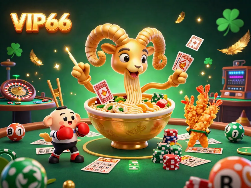 Experience fast-paced gaming with VIP66's giant ramen character in a lively casino setting.