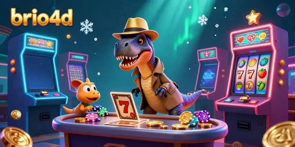 Join the entertainment with brio4d at a vibrant slot machine scene featuring cartoon dinosaurs and colorful game challenges.