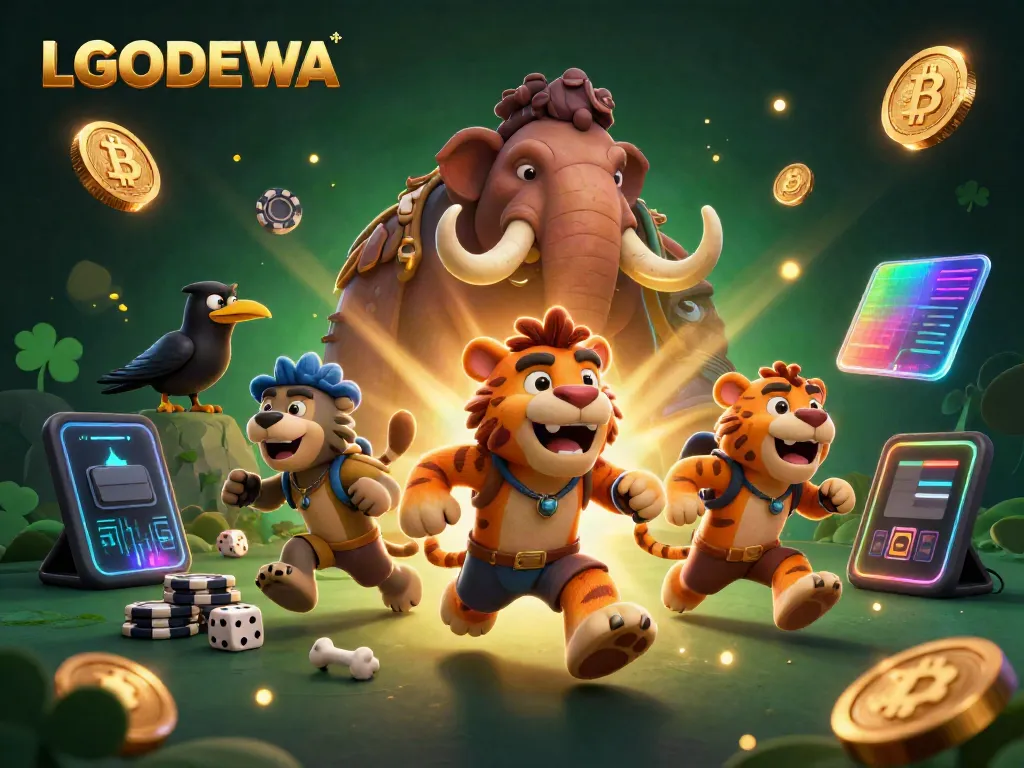Experience thrilling gaming at LGODEWA with a vibrant 3D casino scene showcasing unique characters and crypto elements.