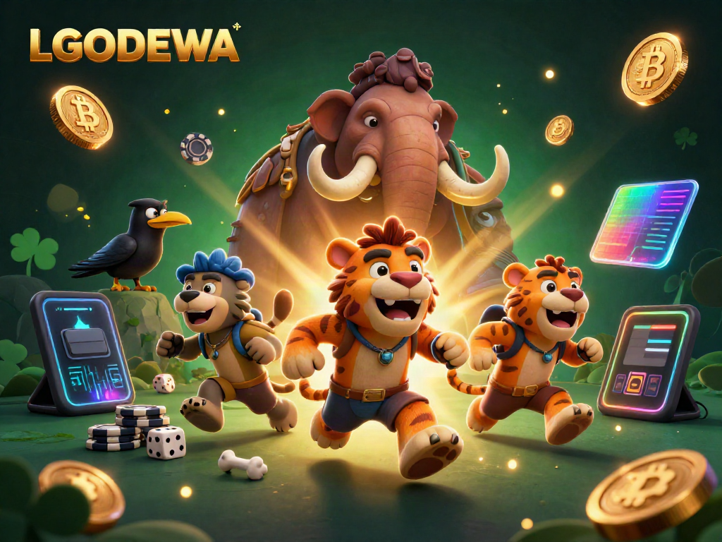 Experience thrilling gaming at LGODEWA with a vibrant 3D casino scene showcasing unique characters and crypto elements.