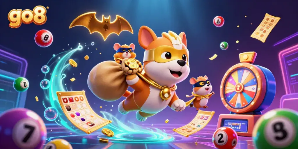 Win big with go8's colorful lottery theme in a vibrant 3D illustration of fun gaming elements.