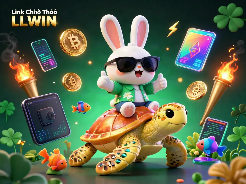 Experience the excitement with Link Chính Thức LLWIN, featuring a lucky rabbit and golden turtle in a vibrant casino setting.
