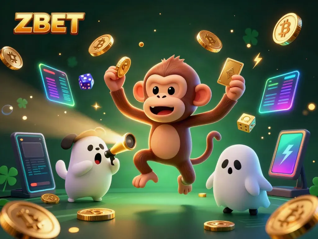 Experience the exhilarating world of ZBET with an animated scene showcasing a playful poltergeist monkey and ghost-hunter puppy in a vibrant haunted casino.