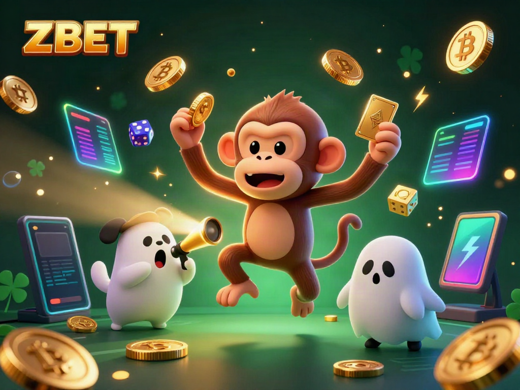 Experience the exhilarating world of ZBET with an animated scene showcasing a playful poltergeist monkey and ghost-hunter puppy in a vibrant haunted casino.