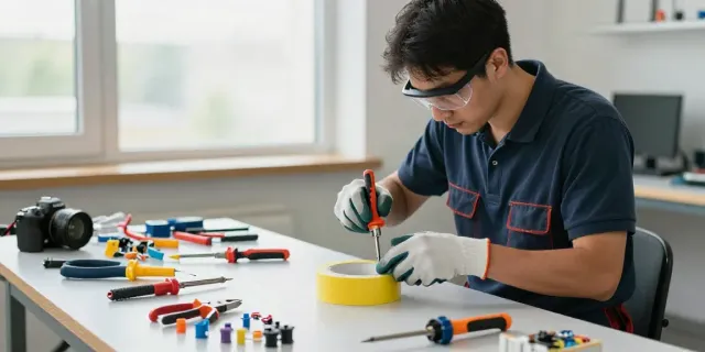 Electrician demonstrating safe usage of Super33 Daftar electrical tape in modern workshop.
