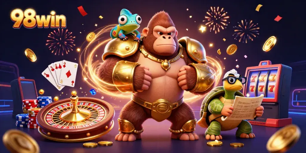 Engage with thrilling gambling moments in 98win's vibrant casino scene, showcasing golden king and colorful companions.
