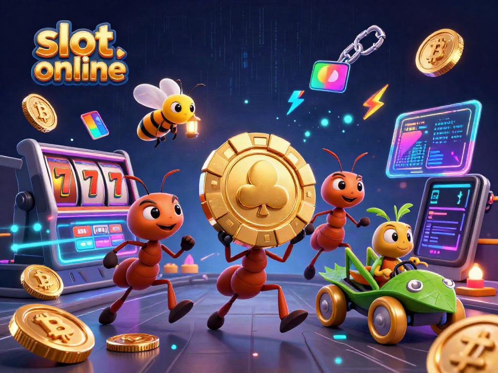 Engage with slot online excitement as ants heist a giant poker chip amidst reels and crypto coins.