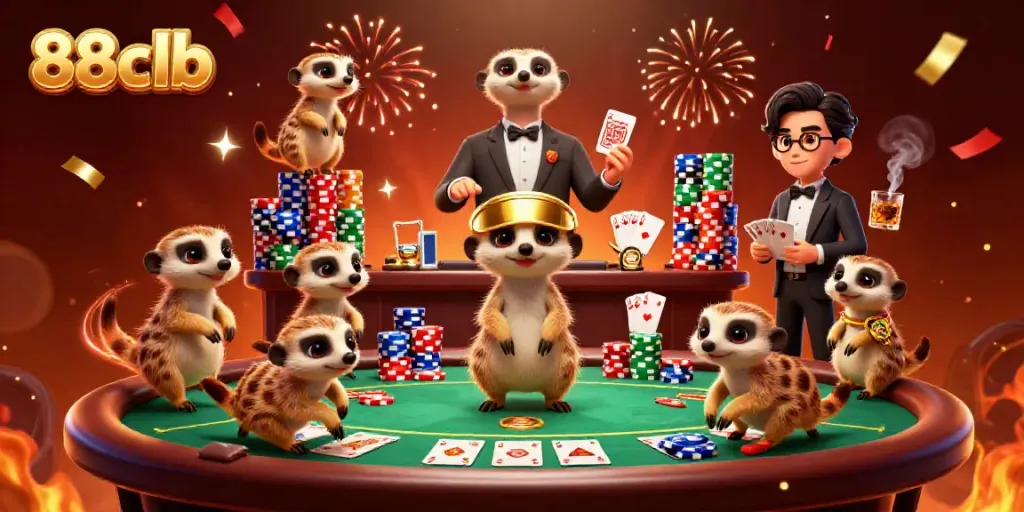 Experience the vibrant energy of 88clb's casino with meerkats managing games, colorful poker chips, and confetti.