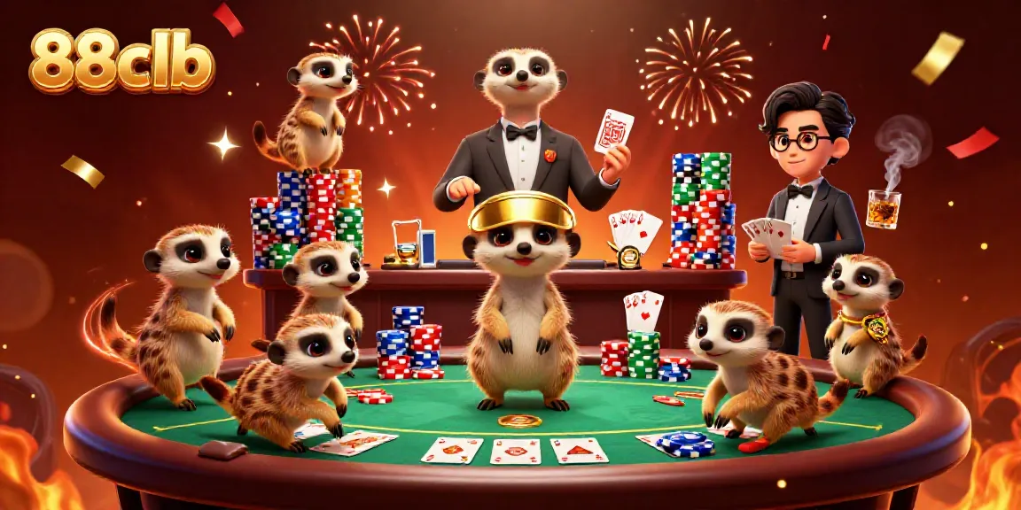 Experience the vibrant energy of 88clb's casino with meerkats managing games, colorful poker chips, and confetti.