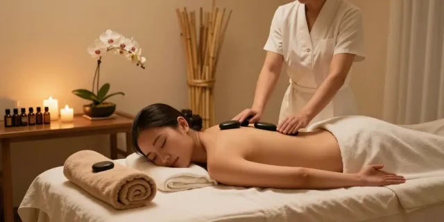 다낭 밤문화 중 편안한 마사지를 받는 모습, 아늑한 스파 치료실의 조화로운 분위기.