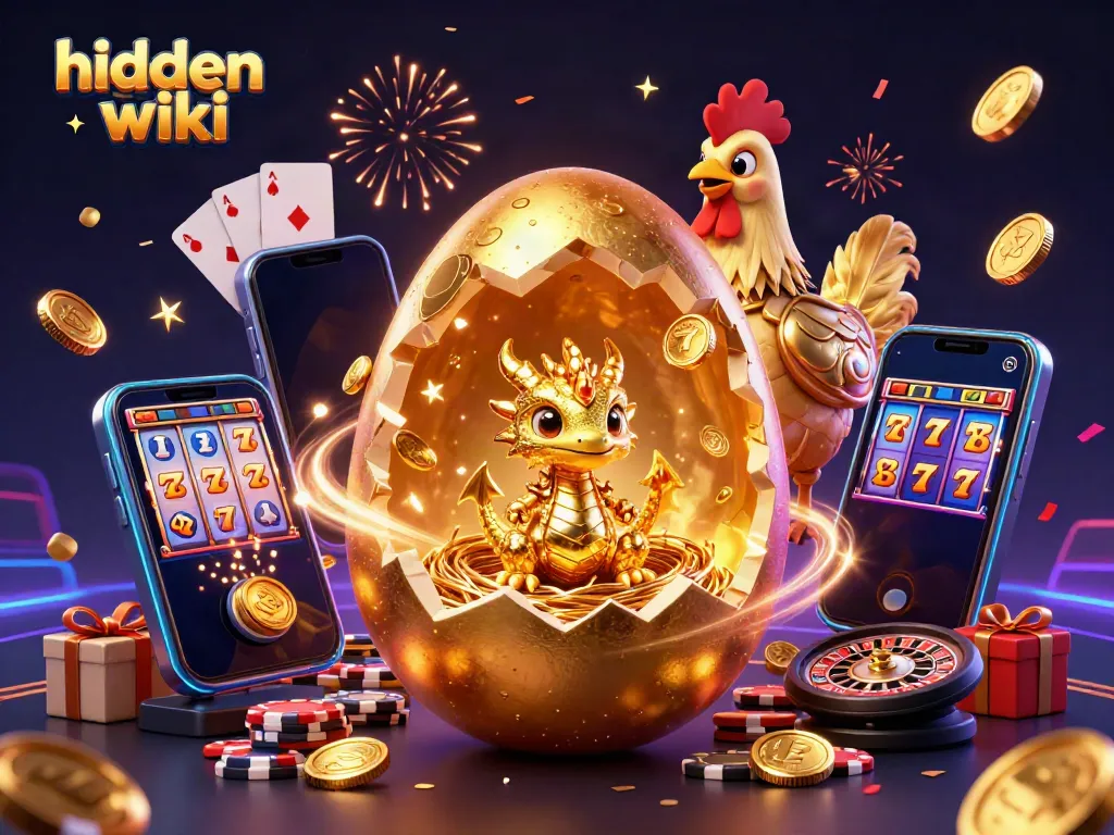 Spin the reels on the hidden wiki with a golden dragon guarding poker chips and vibrant casino elements.