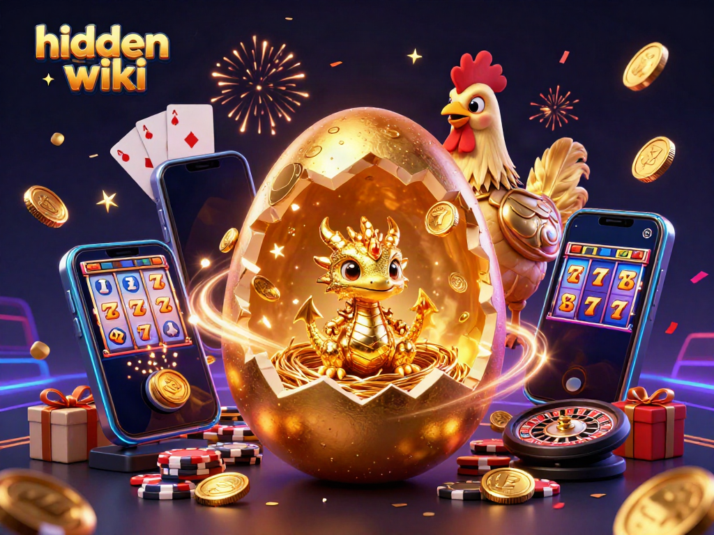 Spin the reels on the hidden wiki with a golden dragon guarding poker chips and vibrant casino elements.