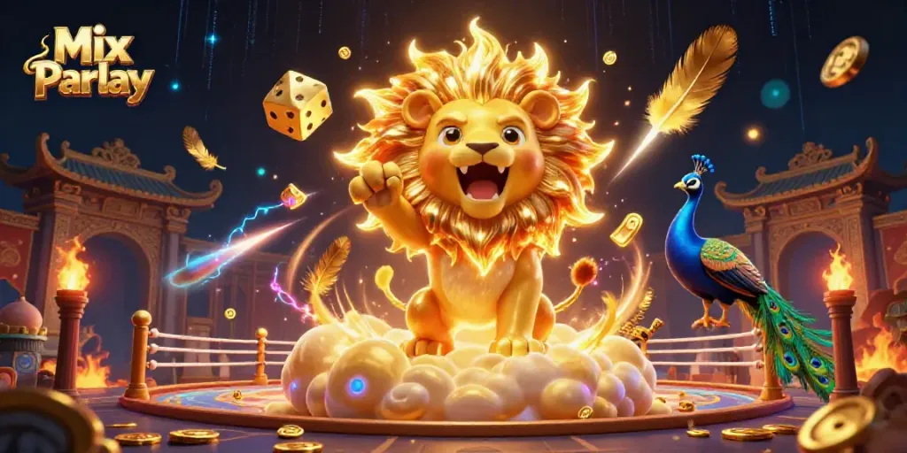 Entice with Mix Parlay options, showcasing a dynamic betting scene featuring a roaring lion and golden dice.