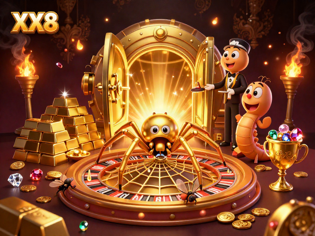 Engaging players at the XX8 casino, a golden spider spins a roulette wheel web with treasures around.