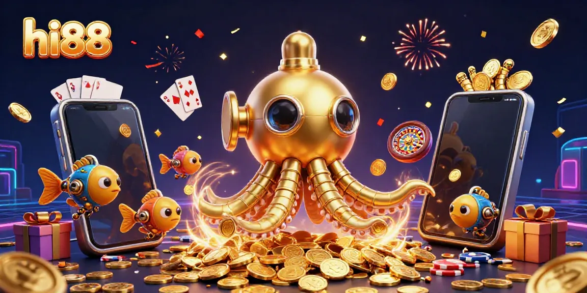 Engage with hi88's enriching gaming experience featuring a golden kraken submarine amidst coins.