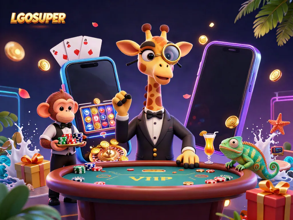 Engage with LGOSUPER in a vibrant casino scene featuring high-roller characters and exciting games.