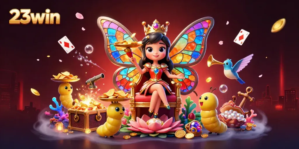 Experience the vibrancy of 23win with a dynamic casino-themed illustration featuring a butterfly queen and treasure