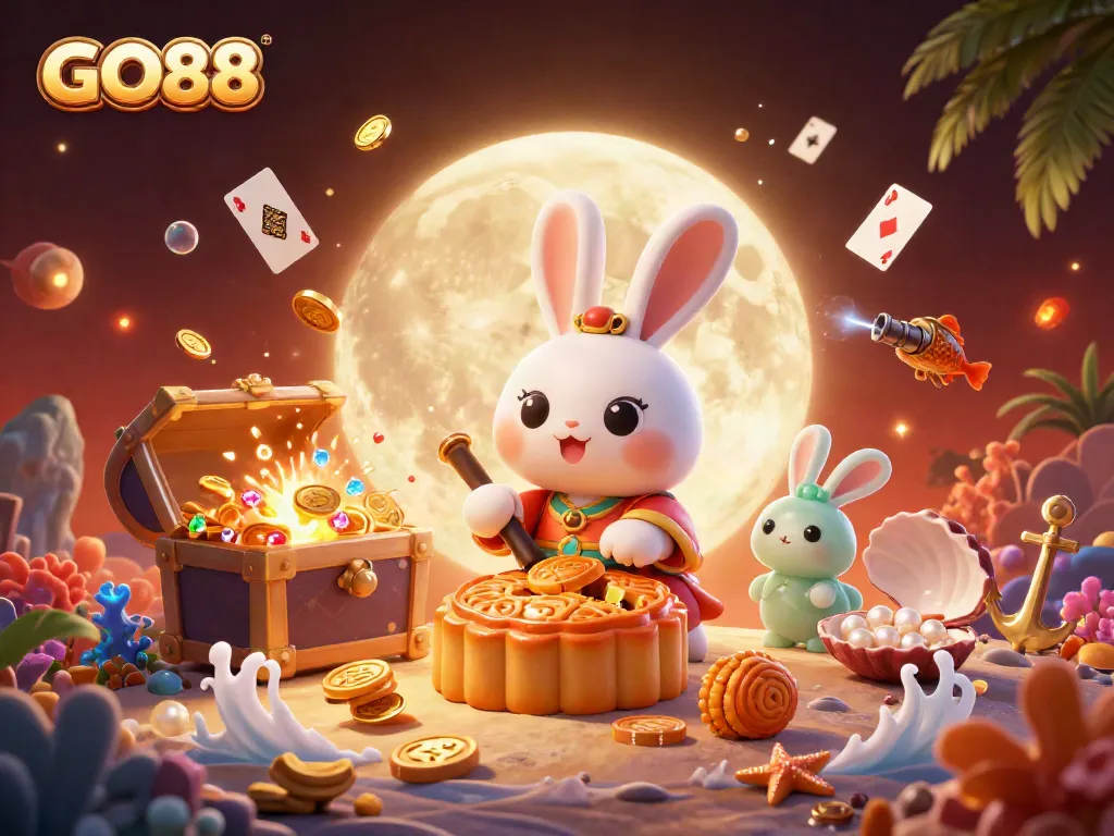 Experience thrilling gaming with GO88 as the moon rabbit reveals poker chips and treasures on a vivid lunar backdrop.
