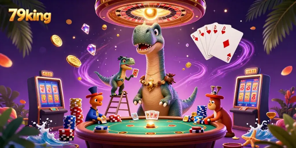 Engage with 79king's vibrant 3D casino scene featuring exciting games and unique characters.