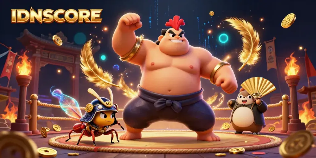 Engage with IDNSCORE's vibrant casino showdown featuring a sumo wrestler rooster and samurai cricket.