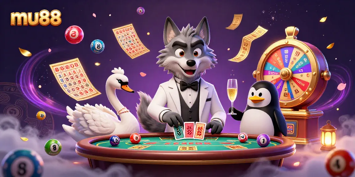 Experience the excitement of mu88 with a sophisticated gaming illustration featuring a wolf, swan, and penguin amid vibrant lottery elements.
