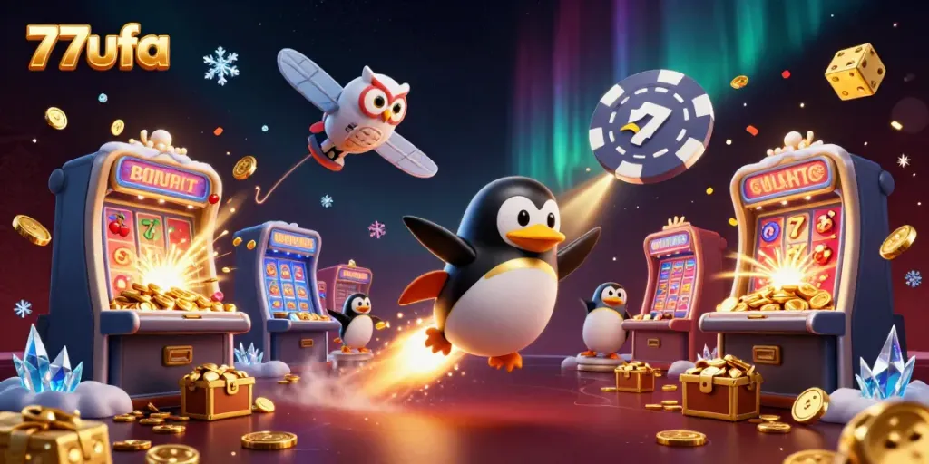 Experience the thrill of winning with 77ufa in this vibrant 3D casino illustration.
