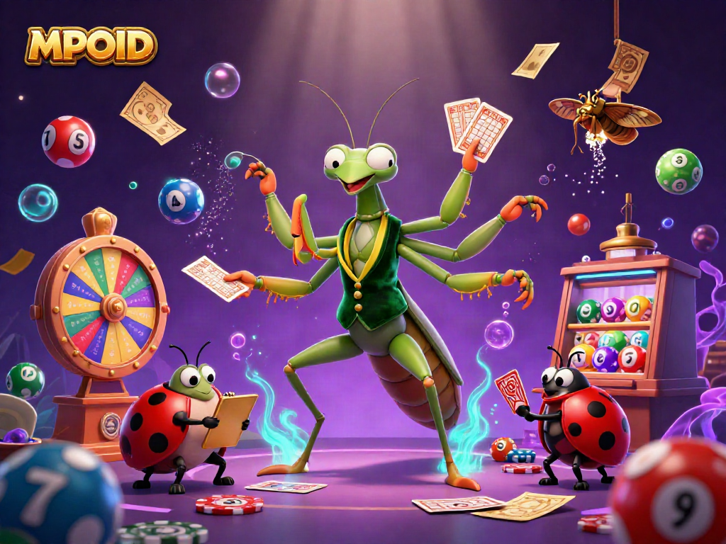 MPOID facilitates a vibrant gaming experience, showcasing a giant mantis and ladybug in a lively casino scene with dynamic elements.