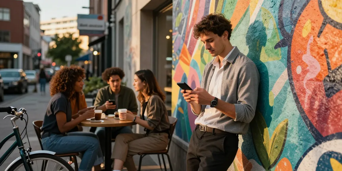 Urban professional socializing and checking social media; check it out for vibrant community life.