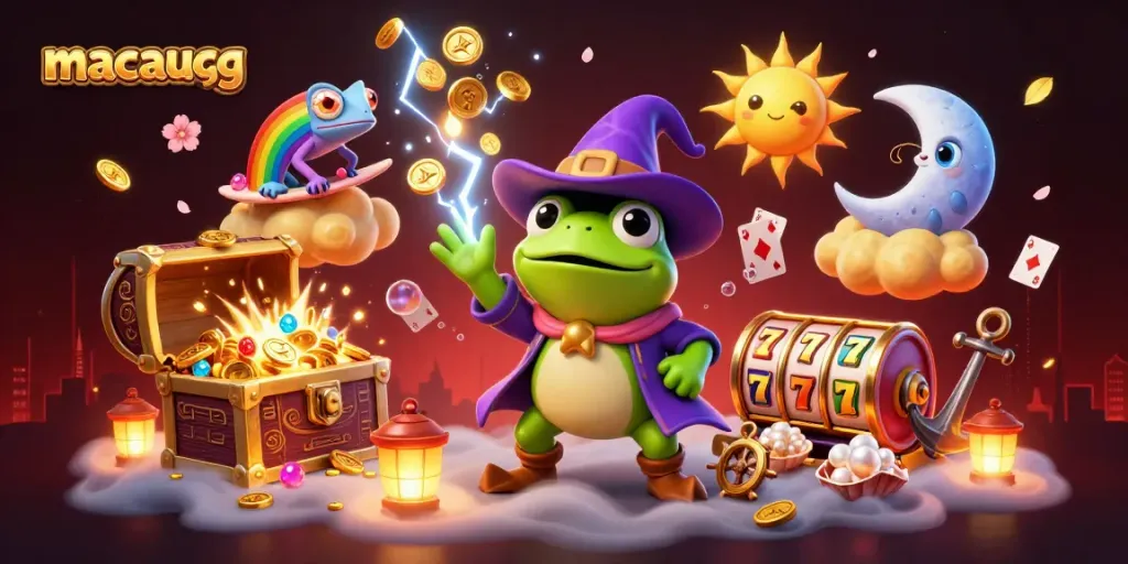 Experience the thrilling world of macaugg gambling with dynamic visuals of coins and slot reels.