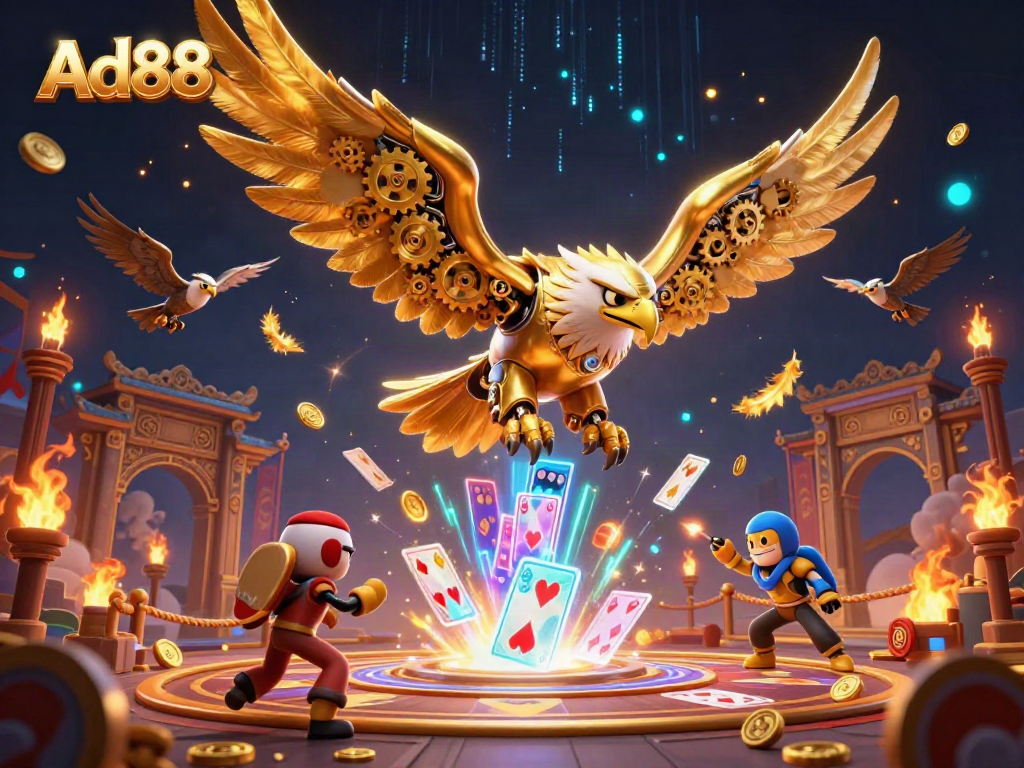 Experience thrilling gameplay with Ad88 in this vibrant 3D-cybernetic casino scene.