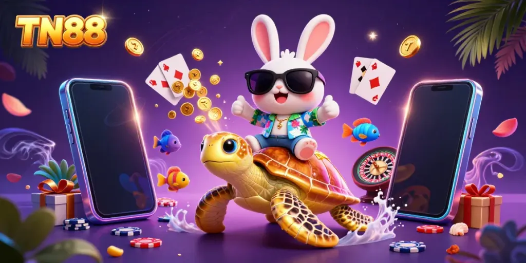 Engage with TN88's fantastic world of slots, featuring a lucky rabbit and a golden sea turtle.