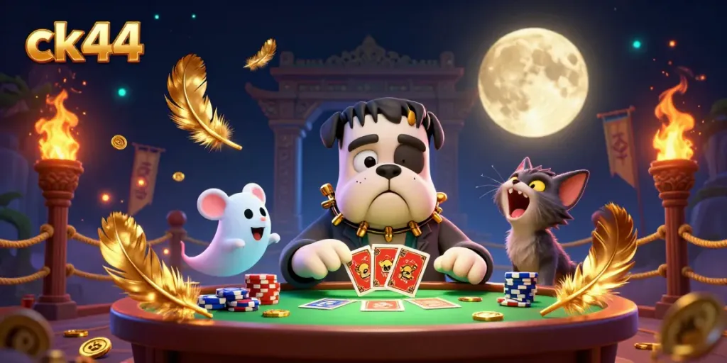 Experience ck44 with a vivid casino scene featuring a monster dealer amidst a magical atmosphere.