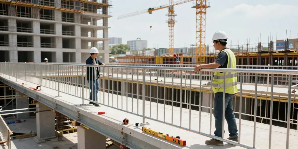 Safety railings showcased on a modern construction site ensuring worker protection and compliance.