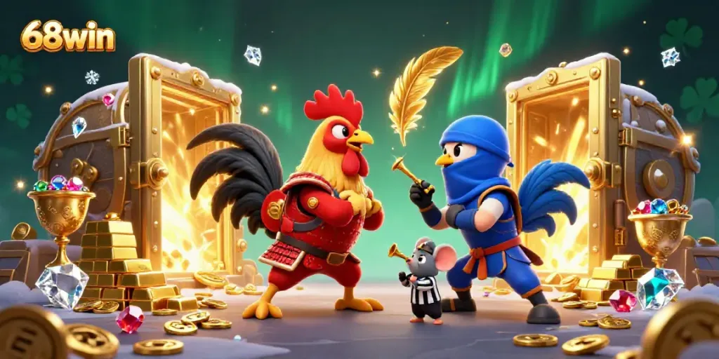 Experience thrilling action with 68win's distinctive fighting roosters and a backdrop of riches.