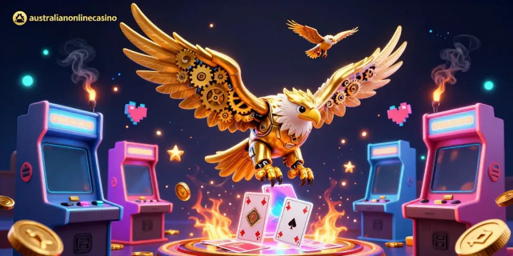 Experience the thrill of gaming with australianonlinecasino's vibrant 3D casino scene full of interactive elements.