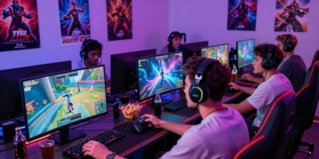 Group of friends enjoying online gaming at ikons777, showcasing vibrant setup and engagement.