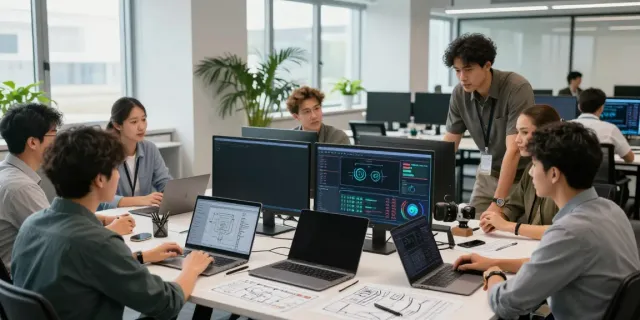 Engineers collaborating on AI infrastructure project in a modern workspace.