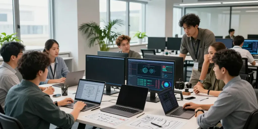 Engineers collaborating on AI infrastructure project in a modern workspace.