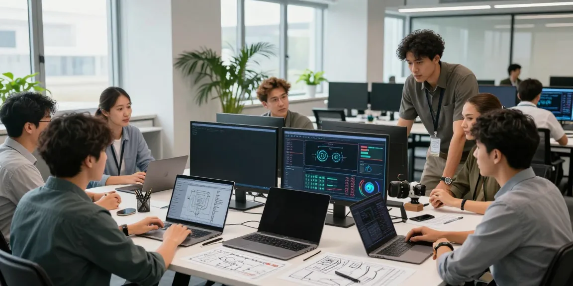 Engineers collaborating on AI infrastructure project in a modern workspace.