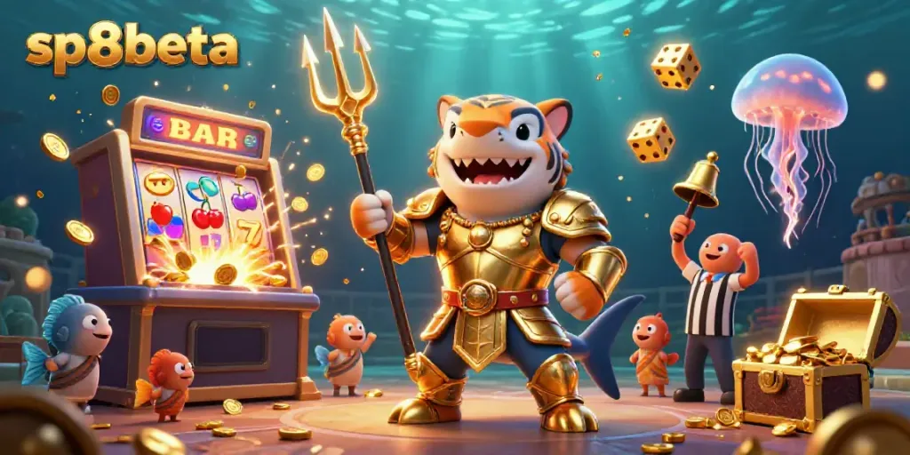 Experience the excitement of sp8beta with a vibrant underwater casino scene featuring a tiger shark and jackpot slot machine.