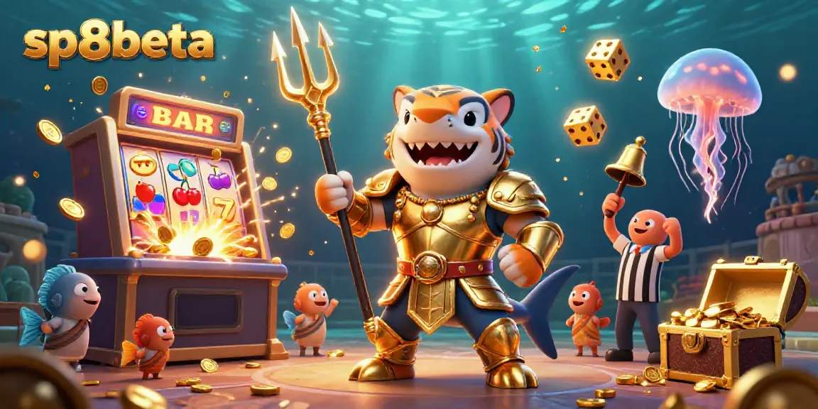 Experience the excitement of sp8beta with a vibrant underwater casino scene featuring a tiger shark and jackpot slot machine.