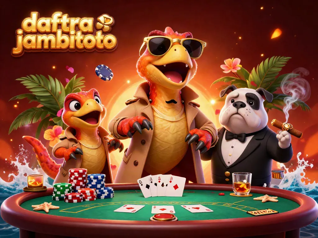 Engage in fun at daftar jambitoto with animated raptors in a trench coat trying to sneak into a casino.