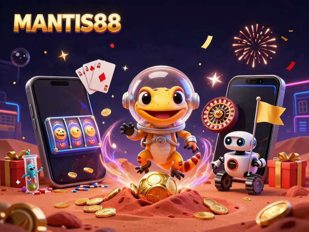 Experience gaming excitement with MANTIS88 in this vibrant 3D casino scene featuring aliens celebrating wins.