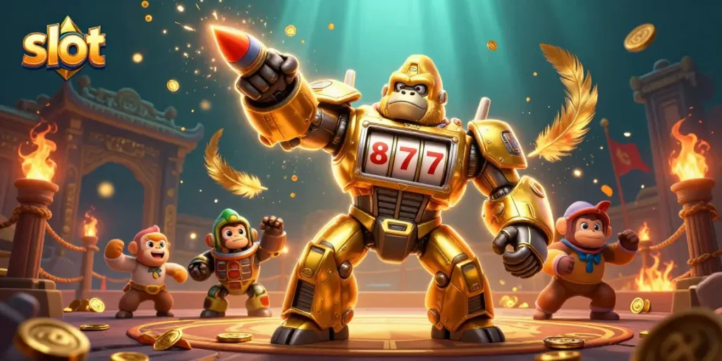 Experience thrilling slot action with a golden mech and dynamic casino elements in this vibrant illustration.