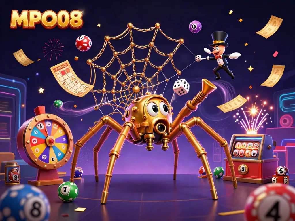 MPO08 showcases a vibrant steampunk-themed casino with animated golden spider and Victorian fly gentleman, amidst lottery balls and confetti