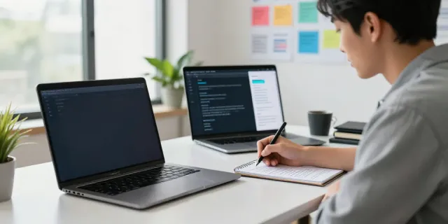 How to write website copy with AI in a professional workspace setup showcasing digital marketing tools and brainstorming.