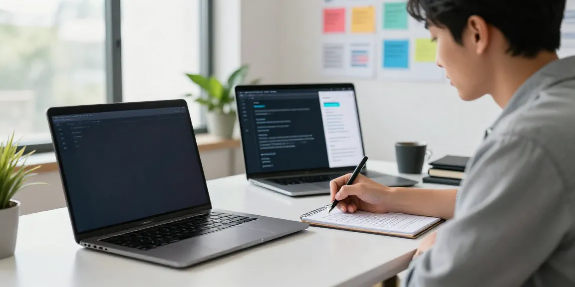 How to write website copy with AI in a professional workspace setup showcasing digital marketing tools and brainstorming.
