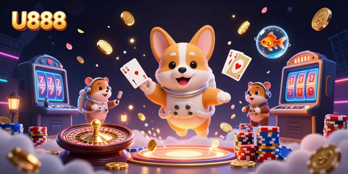 Experience thrilling U888 gaming with an astronaut corgi in a cosmic casino filled with coins and cards.