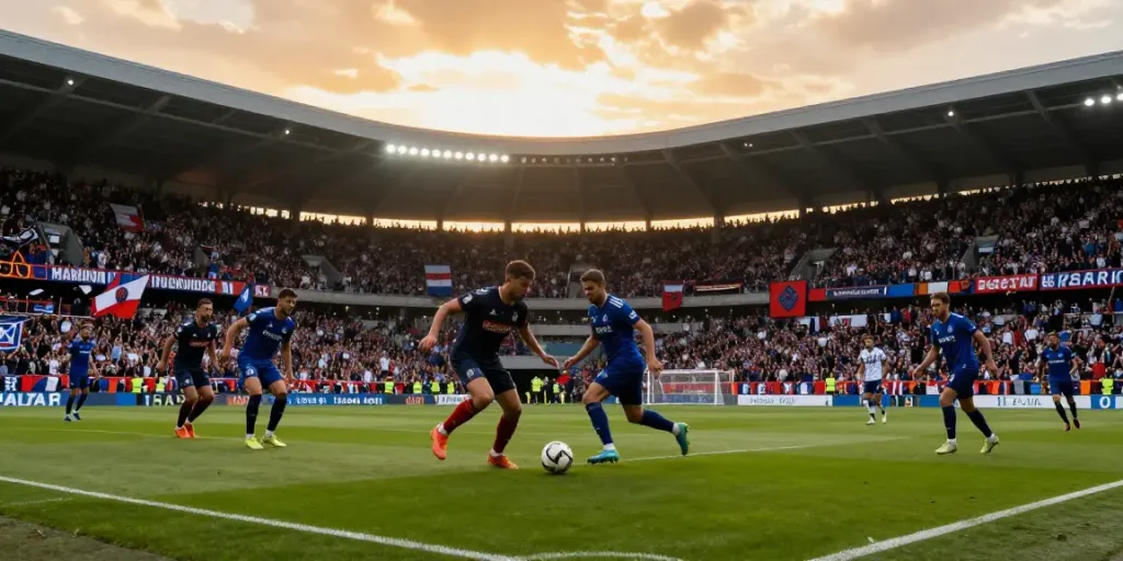 TOP10 สโมสร match action scene with players and cheering fans in a stadium.