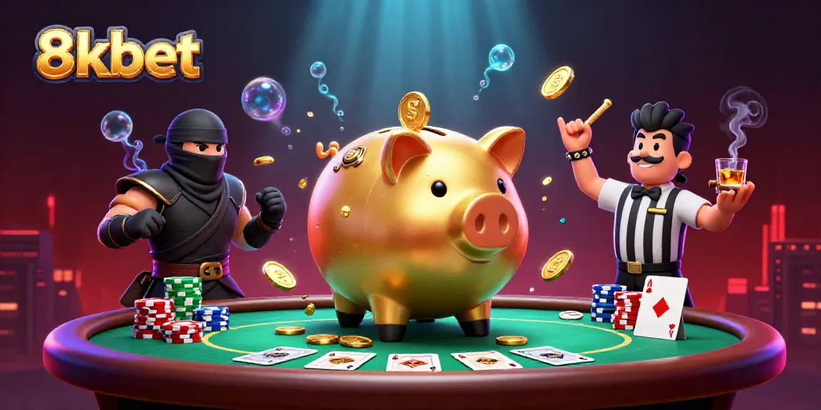 Experience thrilling action with 8xbet featuring a golden piggy bank sumo wrestler amidst a vibrant casino scene.